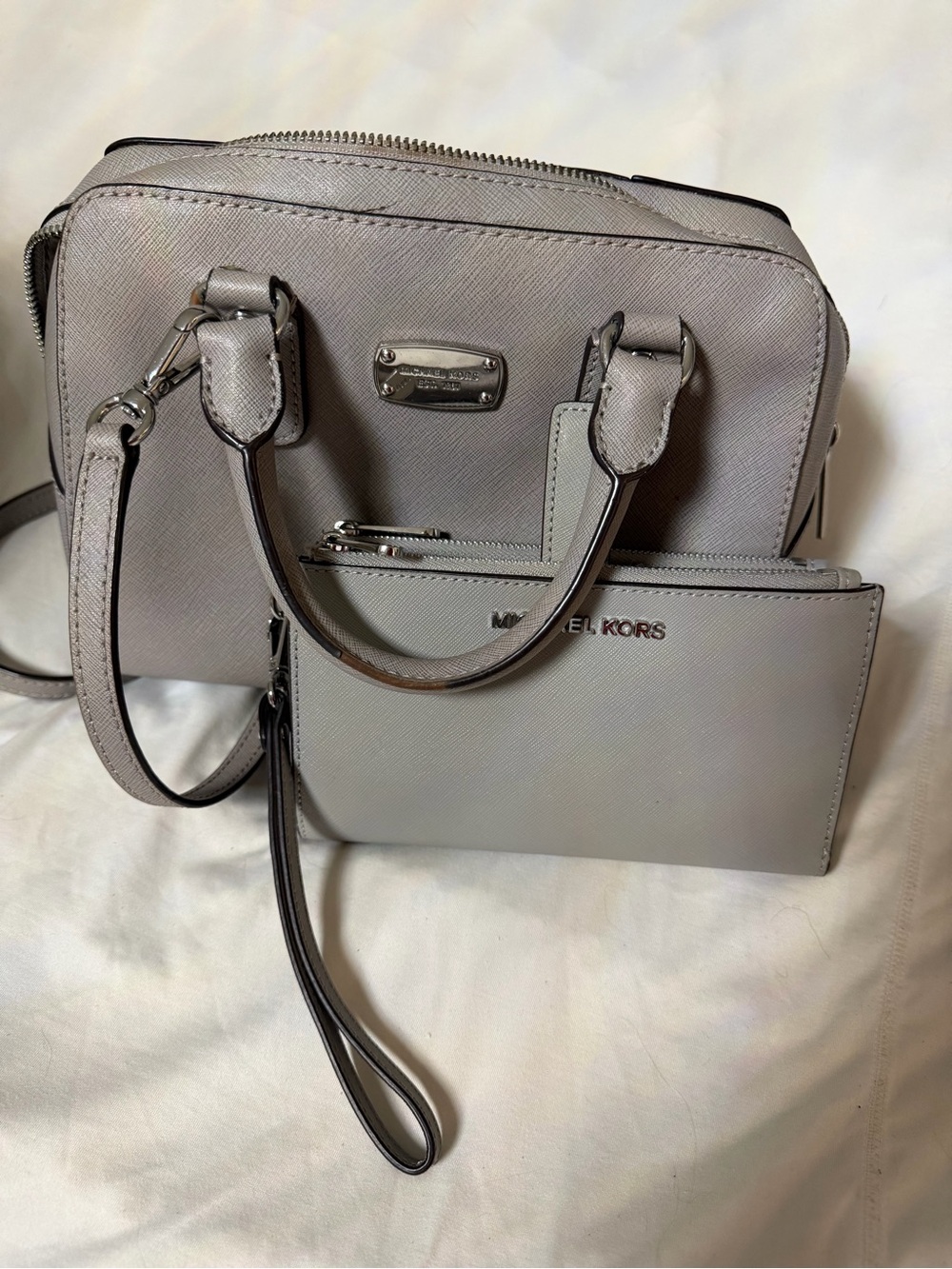 Michael Kors Light Grey Saffiano Leather Satchel with Wristlet